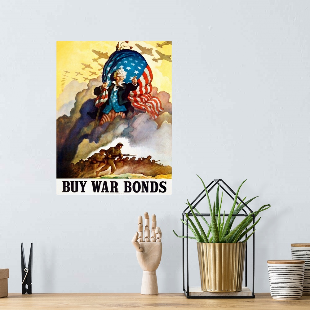 A bohemian room featuring Buy War Bonds Poster