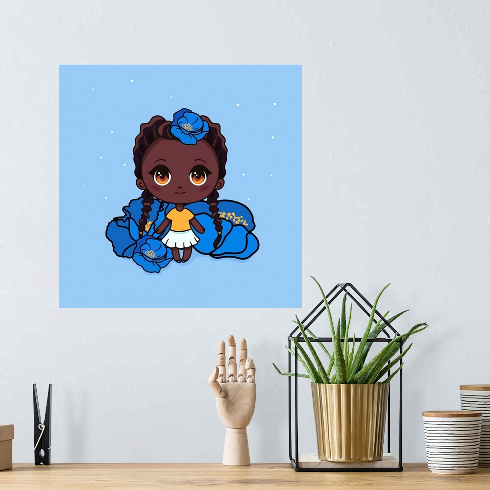 A bohemian room featuring Cute and kawaii African American girl with poppies. Happy manga chibi girl with blue flowers. Ori...