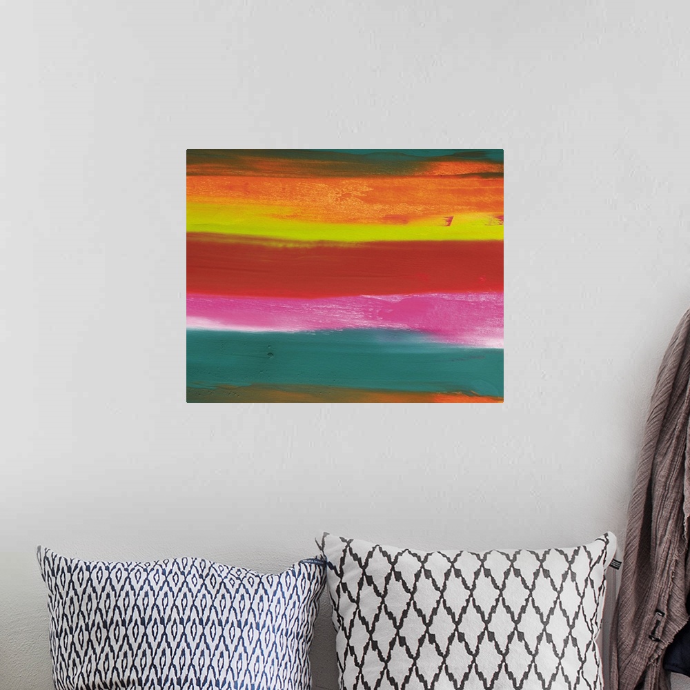 A bohemian room featuring Image of a Several Different-colored Stripes Lying Upon Each Other, Oil Painting, Front View