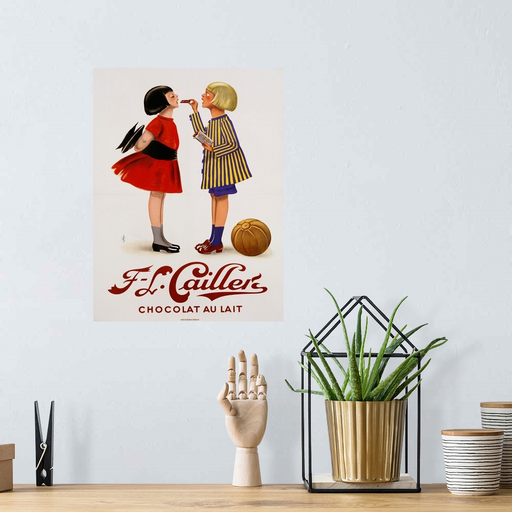 A bohemian room featuring F-L Cailler's Chocolat Au Lait Chocolate Advertisement Poster