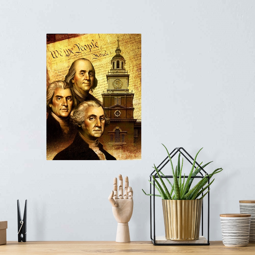 A bohemian room featuring Founding fathers in front of the Declaration of Independance.