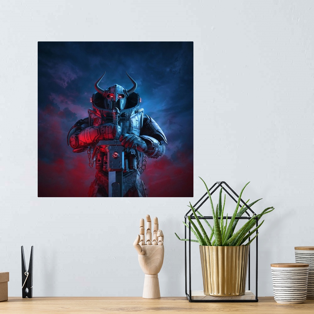 A bohemian room featuring 3D illustration of a science fiction barbarian robot knight with horned helmet and battle sword a...