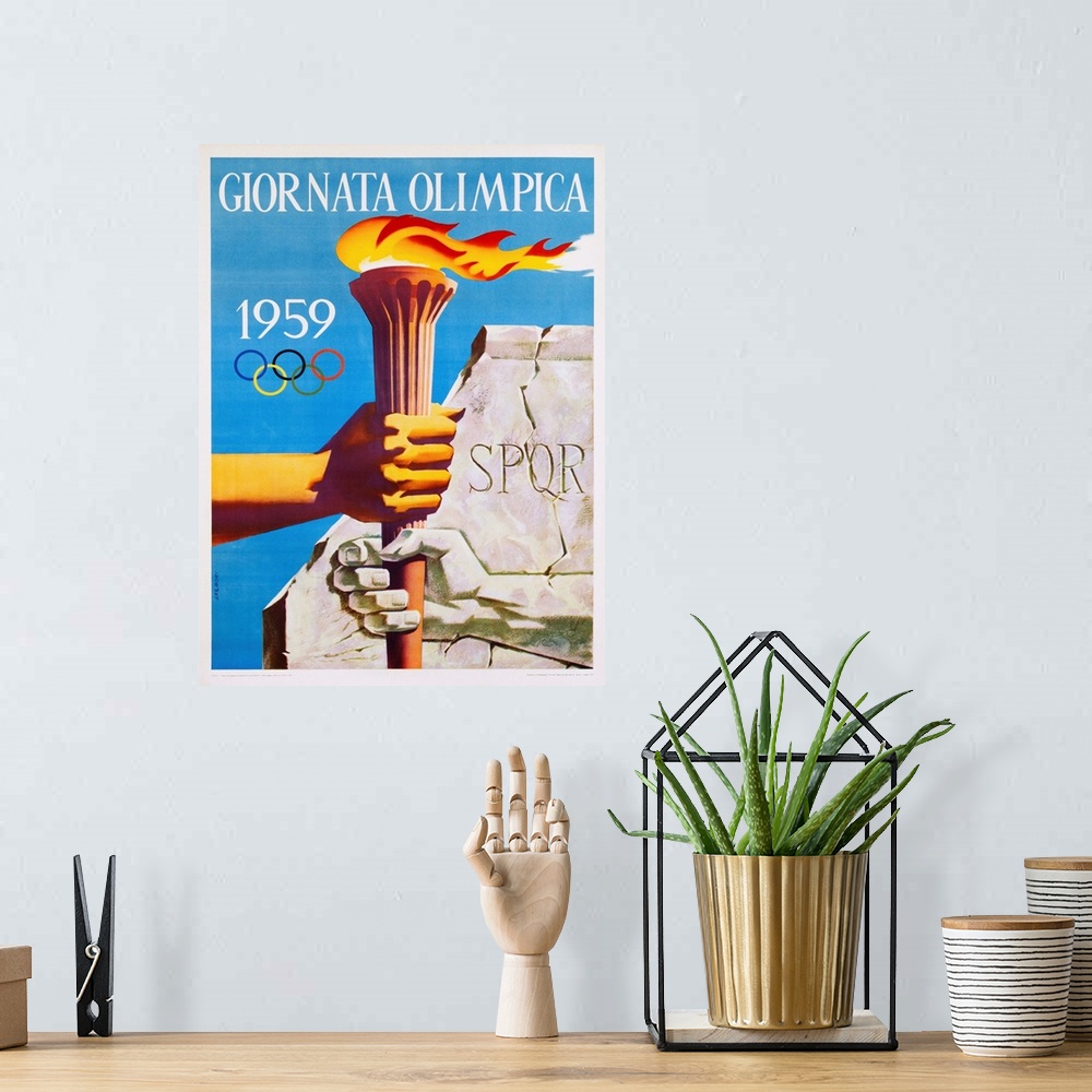 A bohemian room featuring Giornata Olimpica 1959 Poster By Nino Gregori