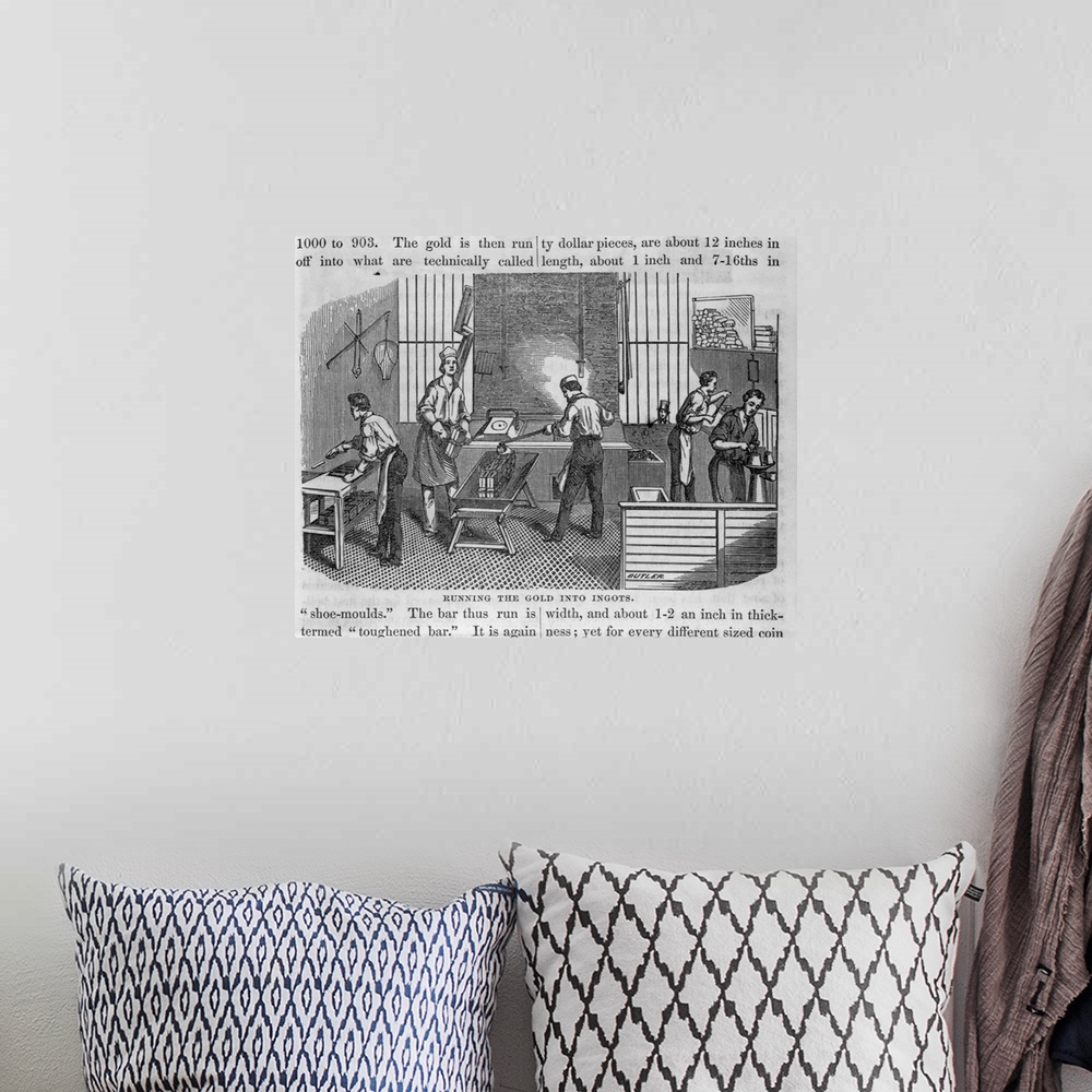 A bohemian room featuring A print depicts United States Mint workers as they process gold to make gold coins. San Francisco...