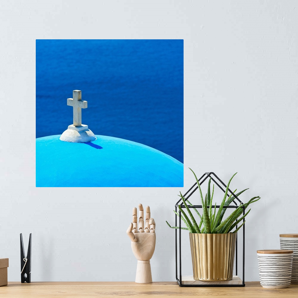 A bohemian room featuring Greece, Cyclades Islands, Santorini, Oia, Church dome with cross by sea