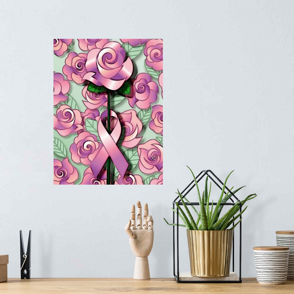A bohemian room featuring Illustration of pink rose with breast cancer ribbon around it