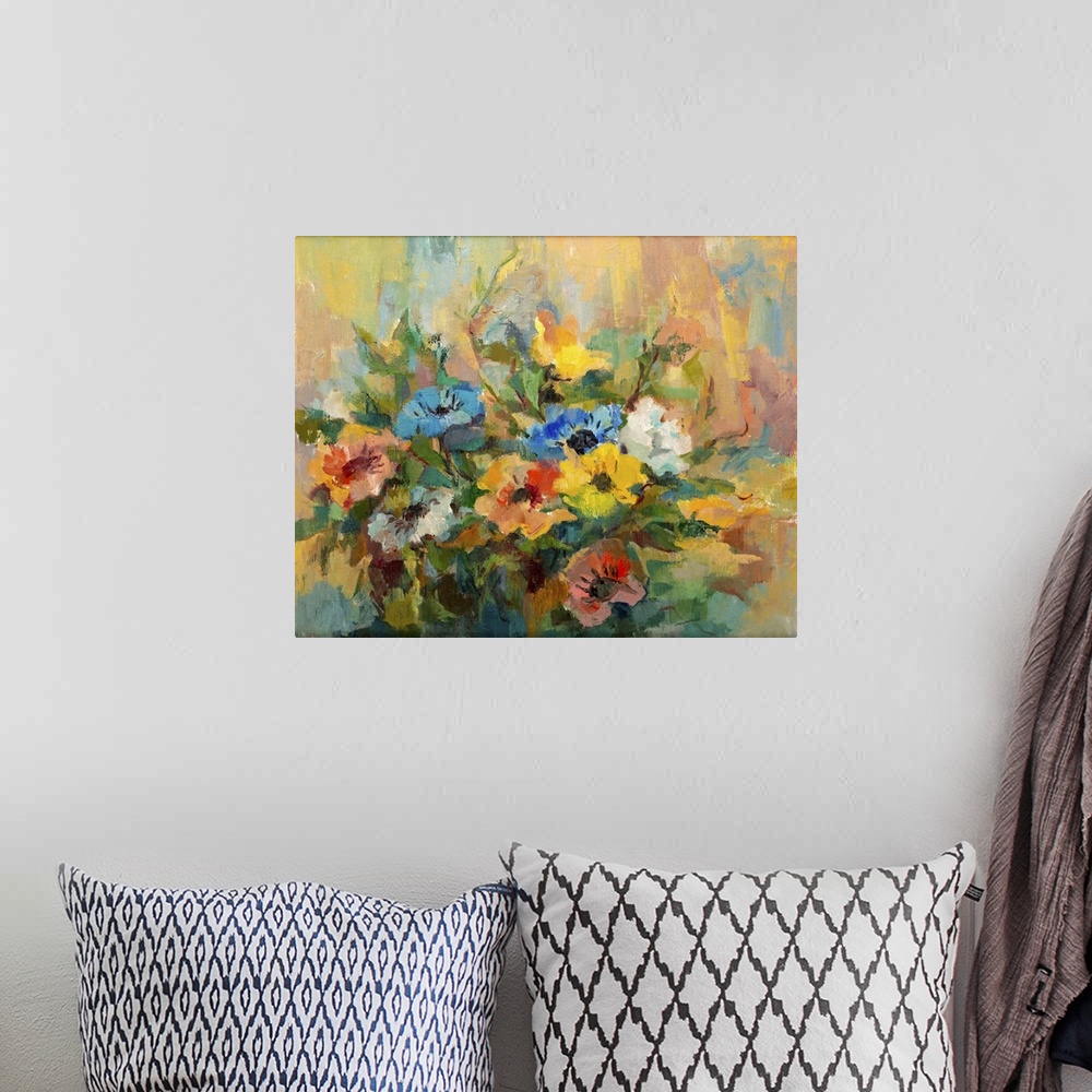 A bohemian room featuring Impressionist style oil painting of flower bouquet.