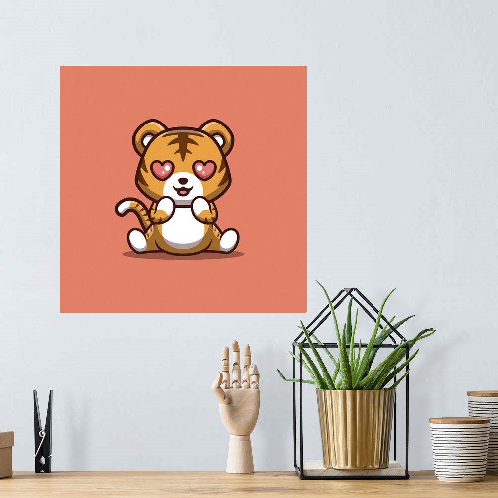 A bohemian room featuring Tiger sitting shocked. Cute, creative kawaii cartoon mascot.