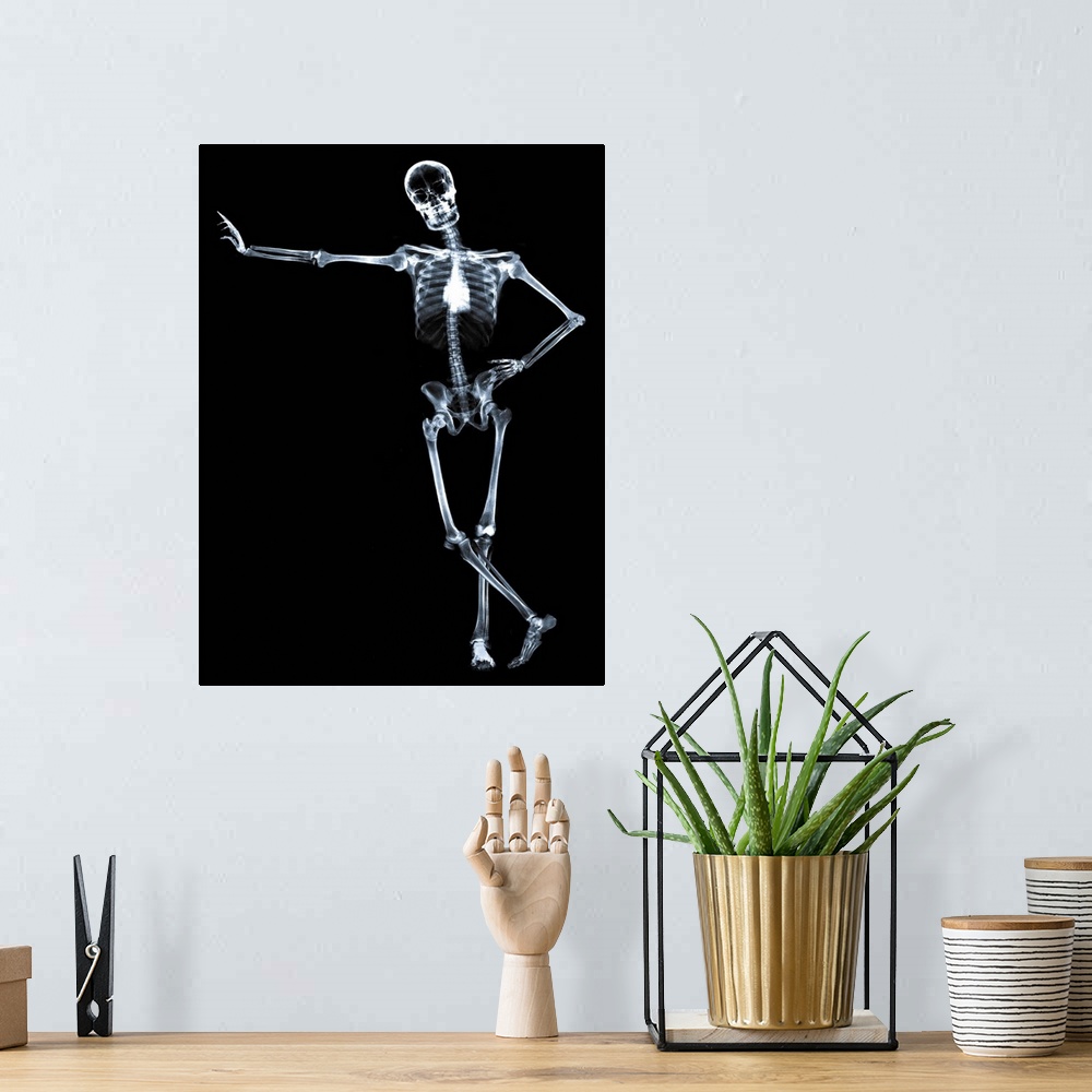A bohemian room featuring Leaning skeleton against black