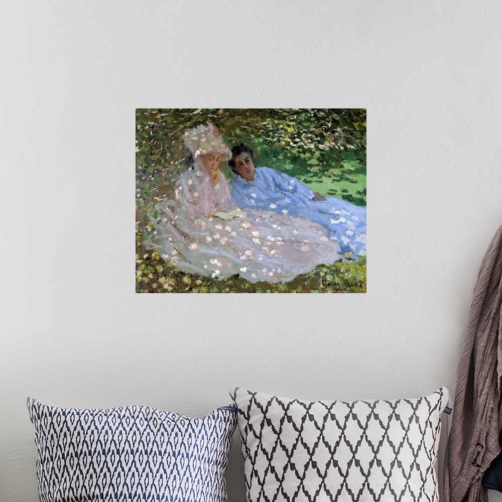 A bohemian room featuring Madame Monet and a friend in the garden. Two women sitting in the shade of a tree. Painting by Cl...