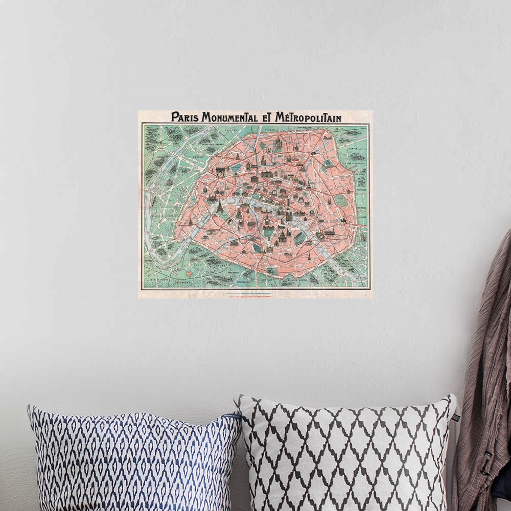 A bohemian room featuring Paris Monumental et Metropolitain, a 1932 tourist map of Paris with all major monuments and the t...