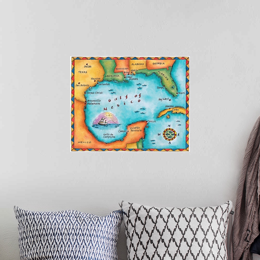 A bohemian room featuring Map of the Gulf of Mexico