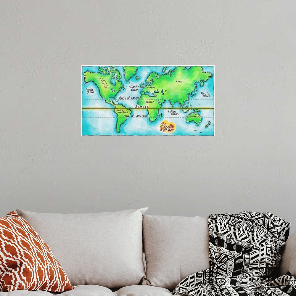 A bohemian room featuring Map of the World