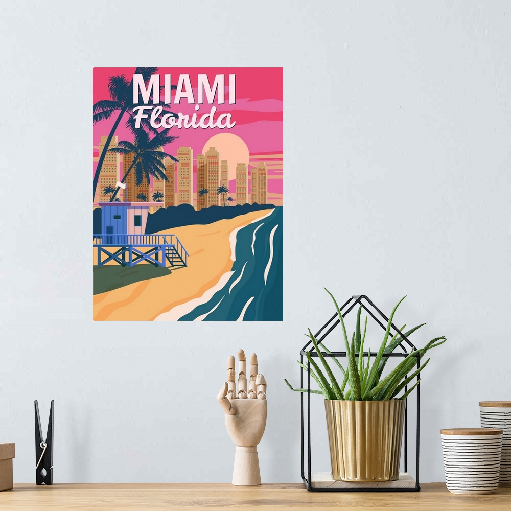 A bohemian room featuring A contemporary travel poster advertising the Florida city of Miami, in bright summery colors