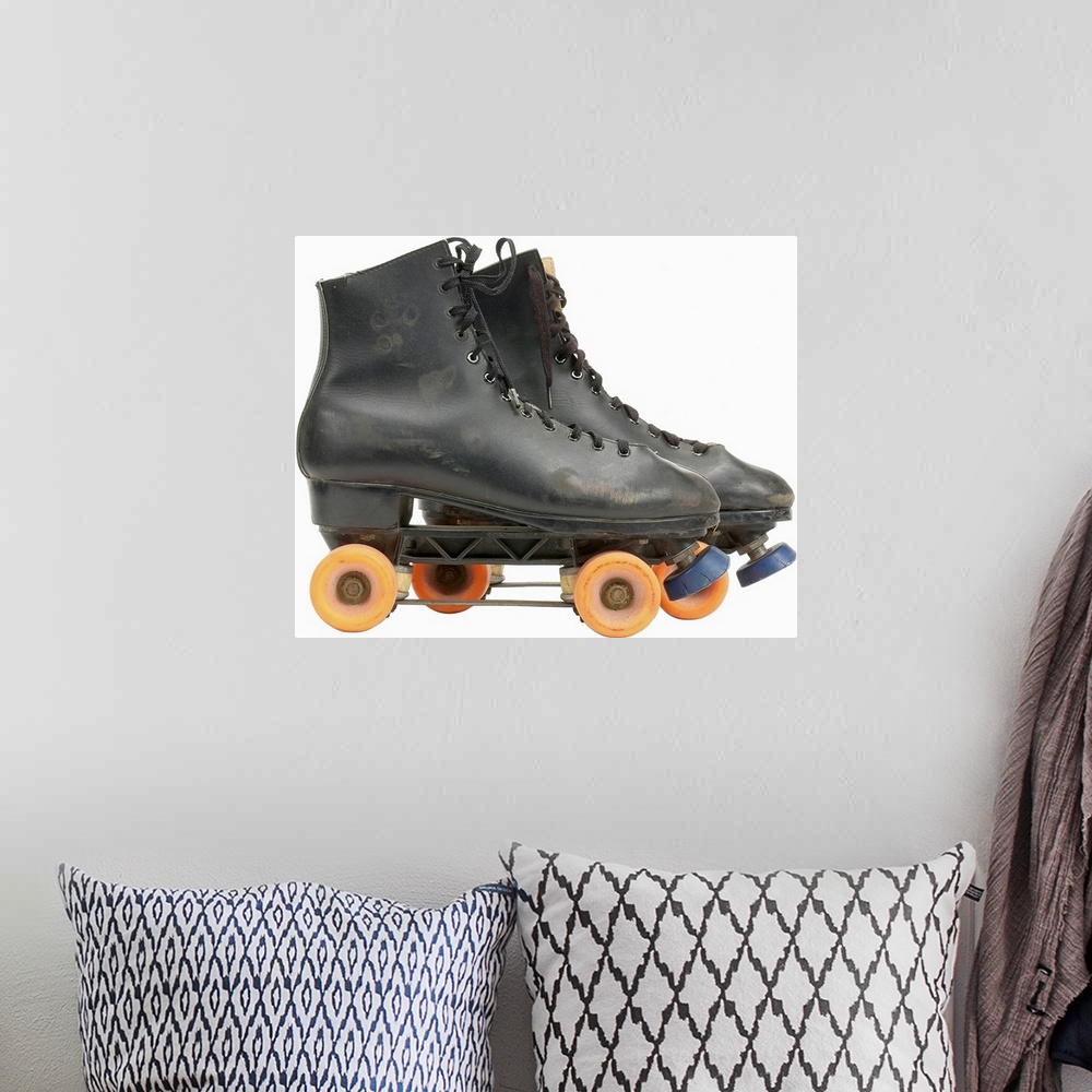 A bohemian room featuring old-fashioned roller skates