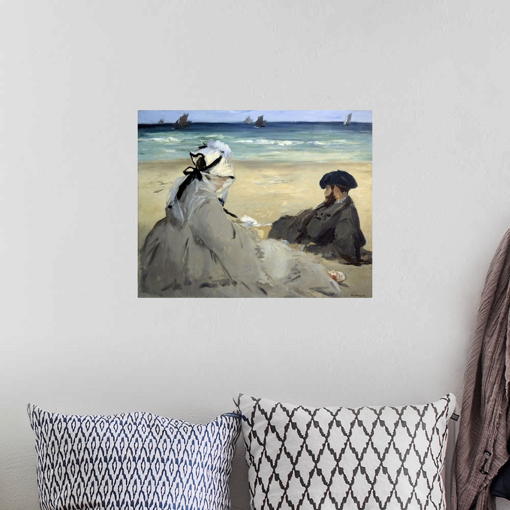 A bohemian room featuring On the beach. Suzanne Manet, wife of the artist and Eugene, the painter's brother, on the beach a...