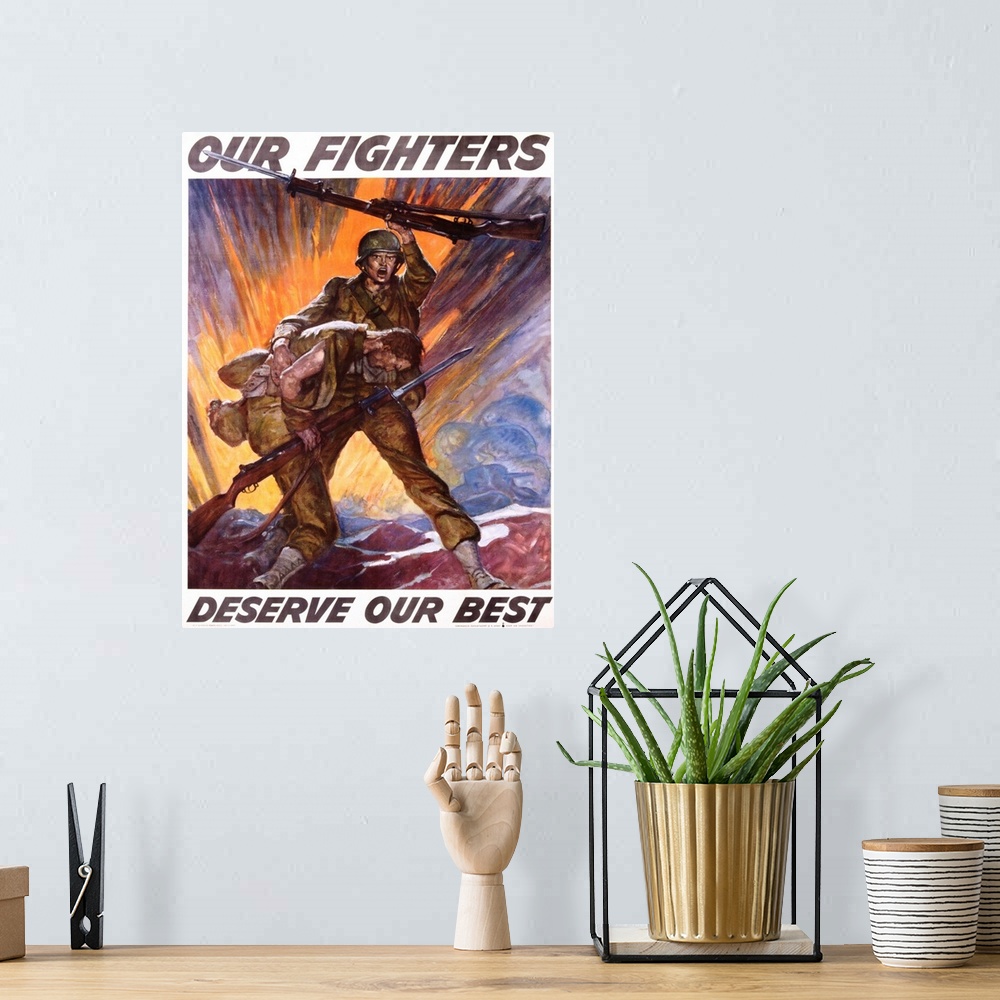 A bohemian room featuring Our Fighters Deserve Our Best Poster