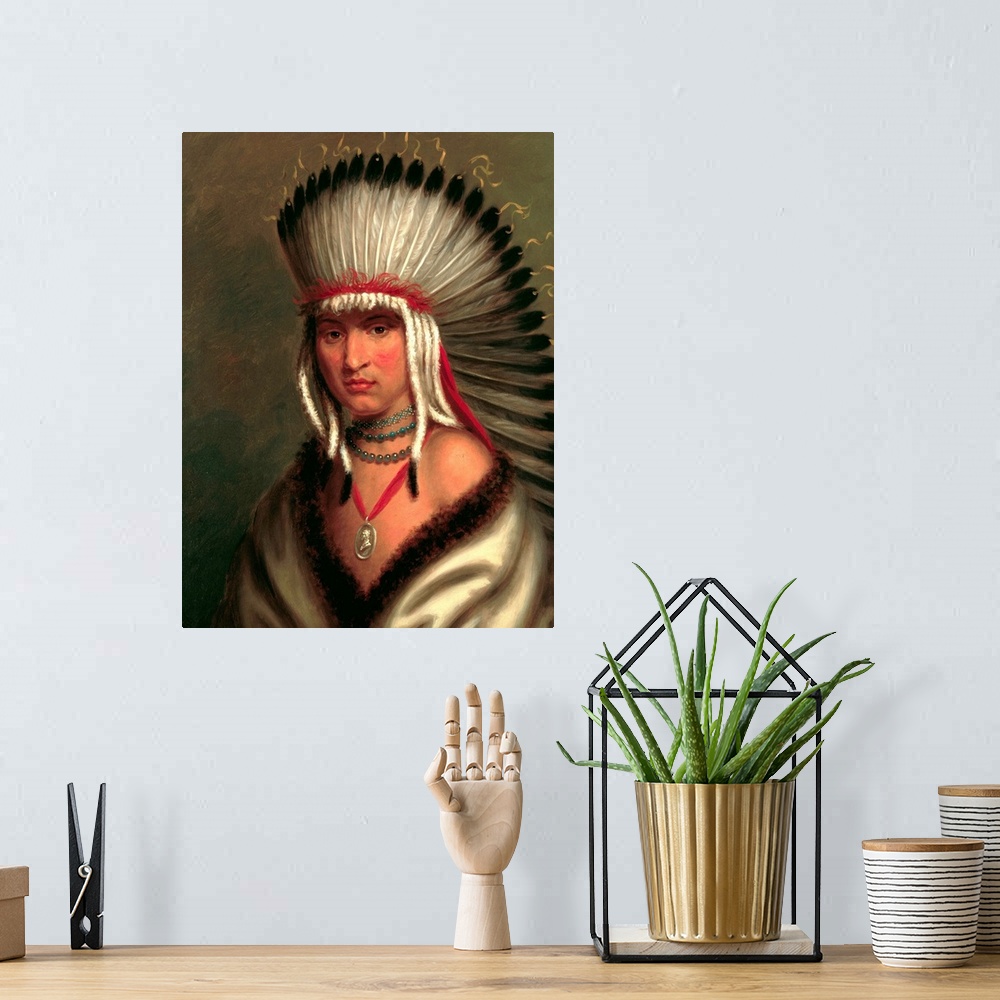 A bohemian room featuring Petalesharo (Generous Chief) a chief of the Pawnee tribe. Painting from circa 1822, oil on panel,...