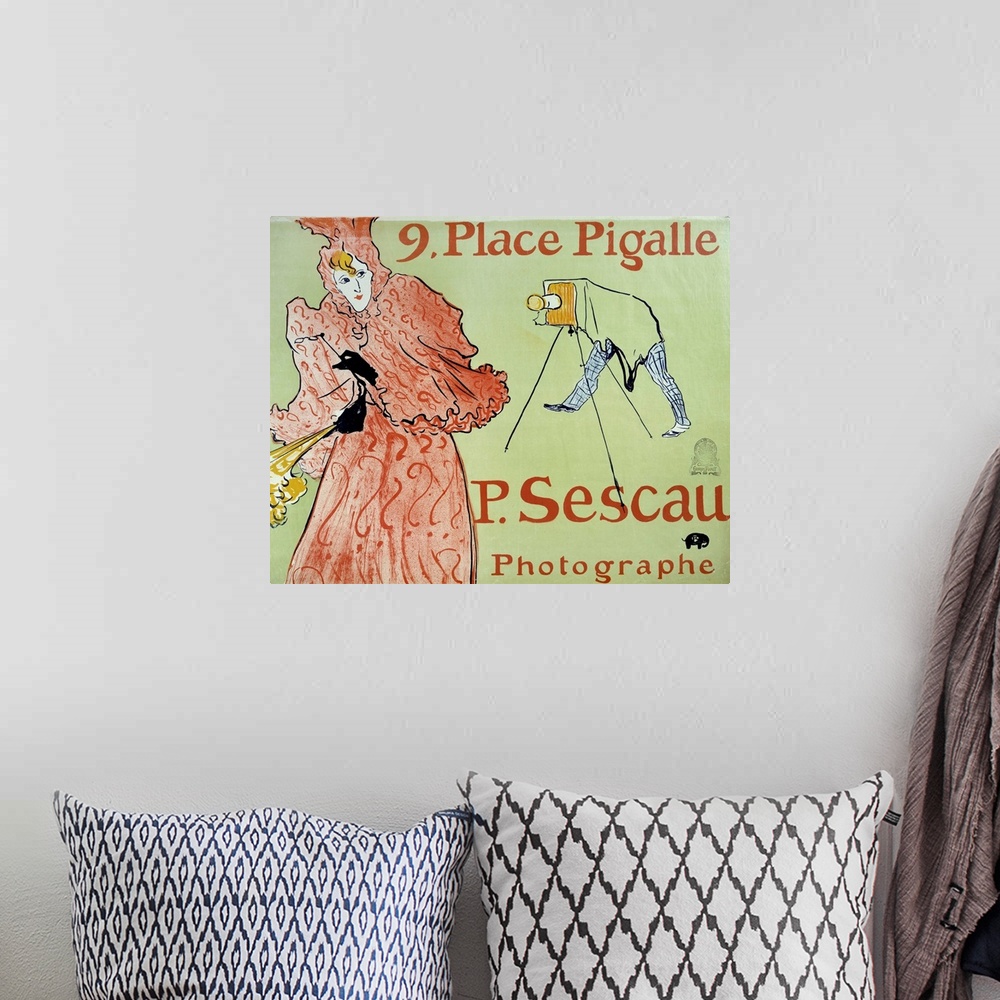 A bohemian room featuring Advertisement for the photographer P. Sescau, 9 Place Pigalle, Montmartre. Poster created by Henr...