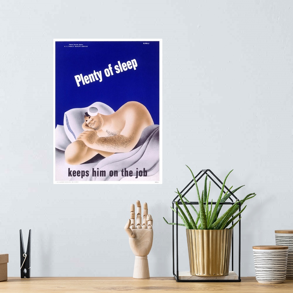 A bohemian room featuring Plenty Of Sleep Keeps Him On The Job Poster By Price