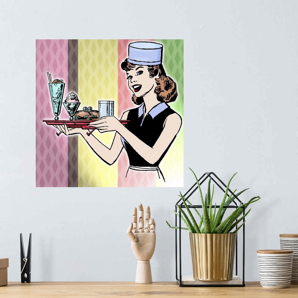 A bohemian room featuring Portrait of 1950s waitress