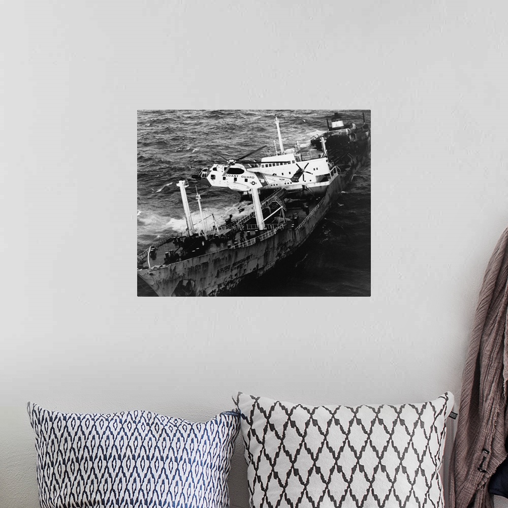 A bohemian room featuring A Sikorsky HH-3F Pelican hovers over the Argo Merchant oil tanker during a rescue operation. The ...