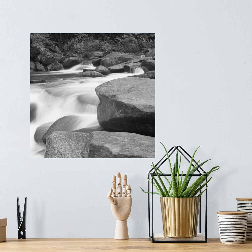 A bohemian room featuring Rutheford County,North Carolina, Rocky Broad River with rocks and water falling downstream.