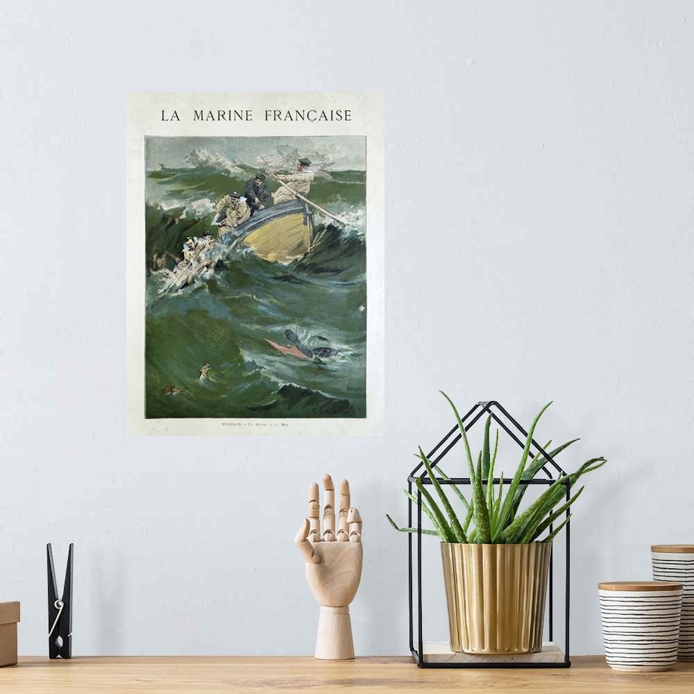 A bohemian room featuring Illustration of sailors rescuing one of their own at sea entitled "Un homme e la mer" by Felician...