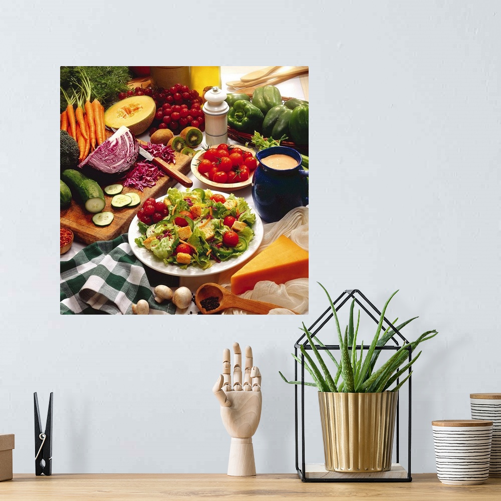 A bohemian room featuring A photographic still life of a table crowded with fresh fruits and vegetables such as cabbage, cu...