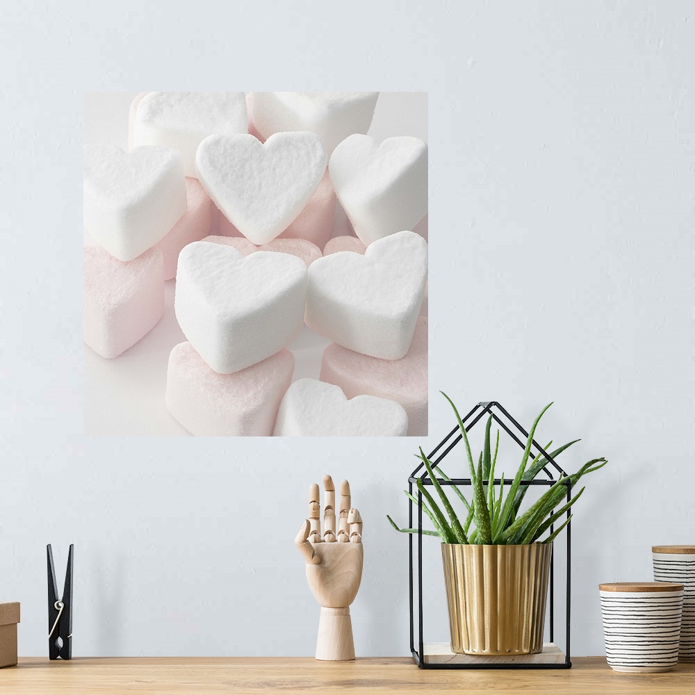 A bohemian room featuring Selection of pink and white heart shaped marshmallows.