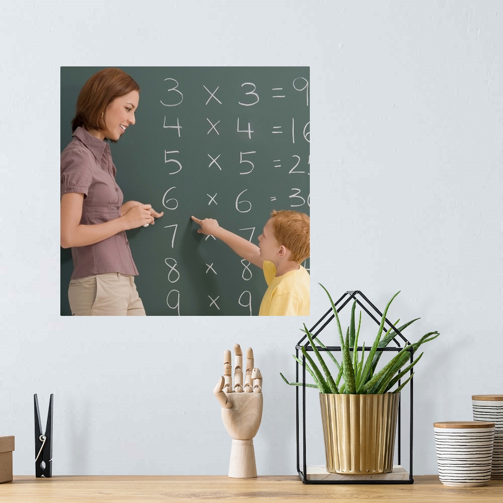 A bohemian room featuring Side profile of a female teacher teaching her student on a blackboard