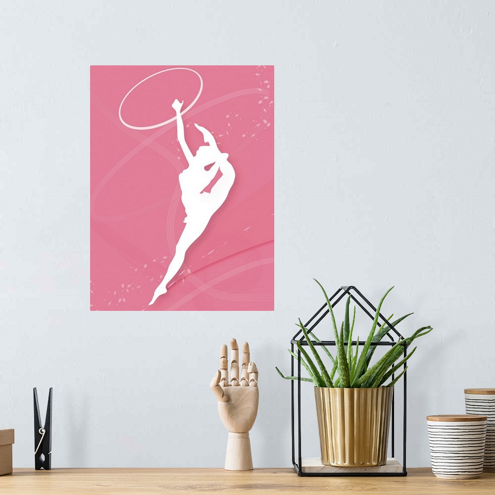 A bohemian room featuring Silhouette of a female gymnast performing with a plastic hoop