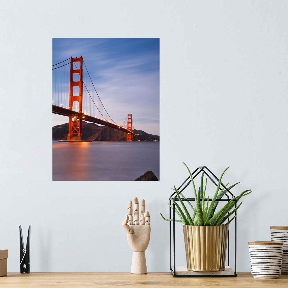 A bohemian room featuring Single seagull standing on rock in front of golden gate bridge at dusk.