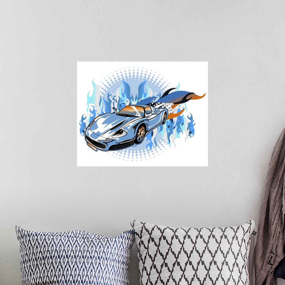 A bohemian room featuring sports car with high speed