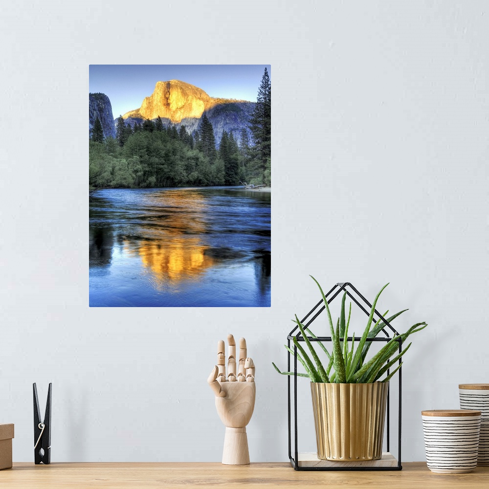 A bohemian room featuring Golden light of sunset on half Dome reflecting in Merced river in Yosemite National Park.