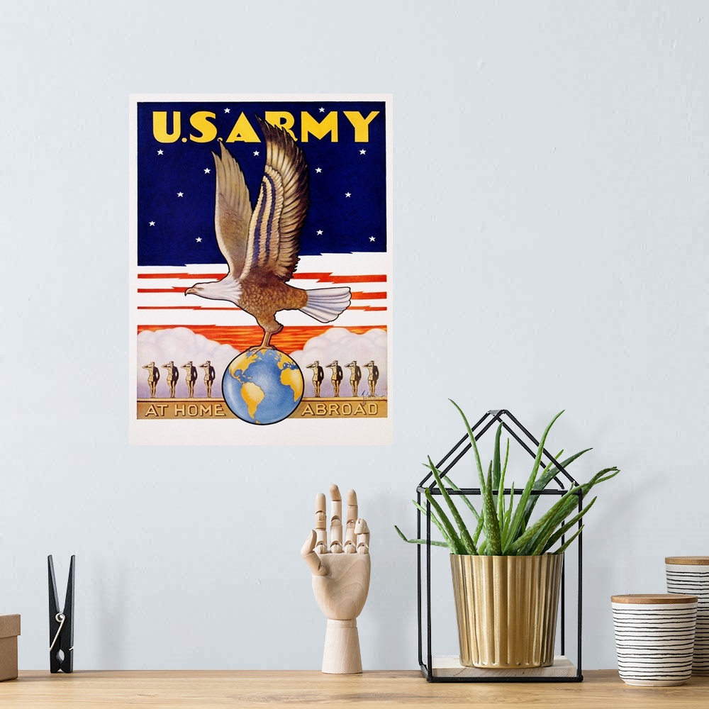 A bohemian room featuring U.S. Army, At Home Abroad Recruitment Poster By Tom Woodburn