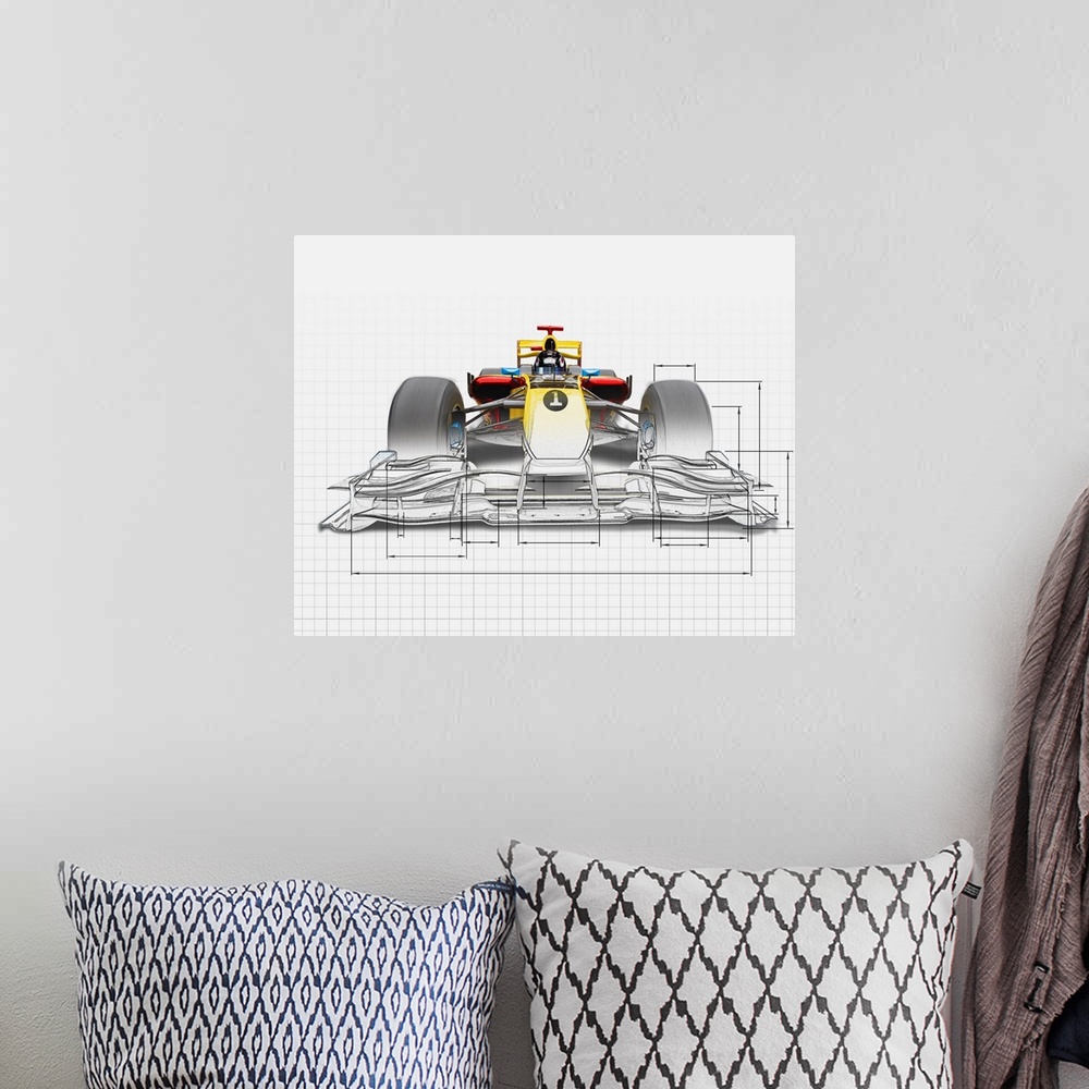 A bohemian room featuring Unfinished drawing of yellow race car with driver