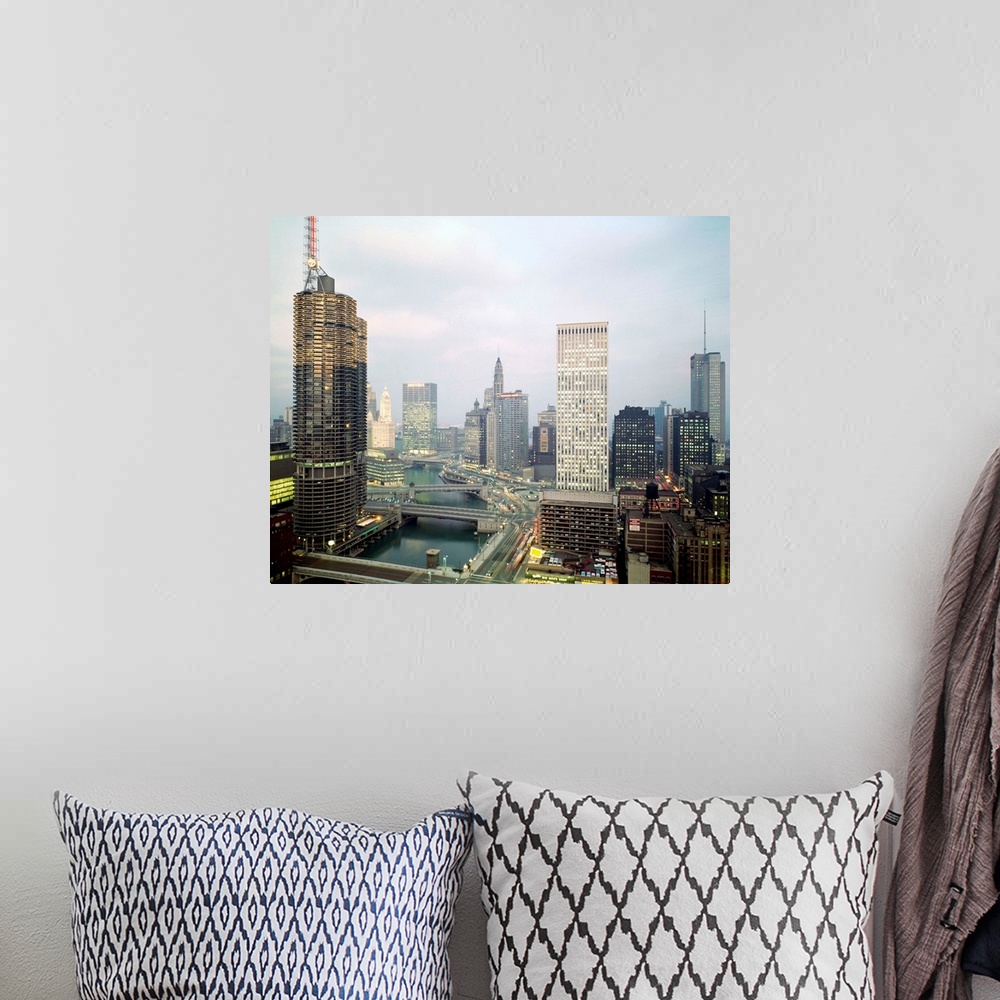 A bohemian room featuring Looking east with Chicago River in pictures, buildings are (left foreground, clockwise): Marine C...