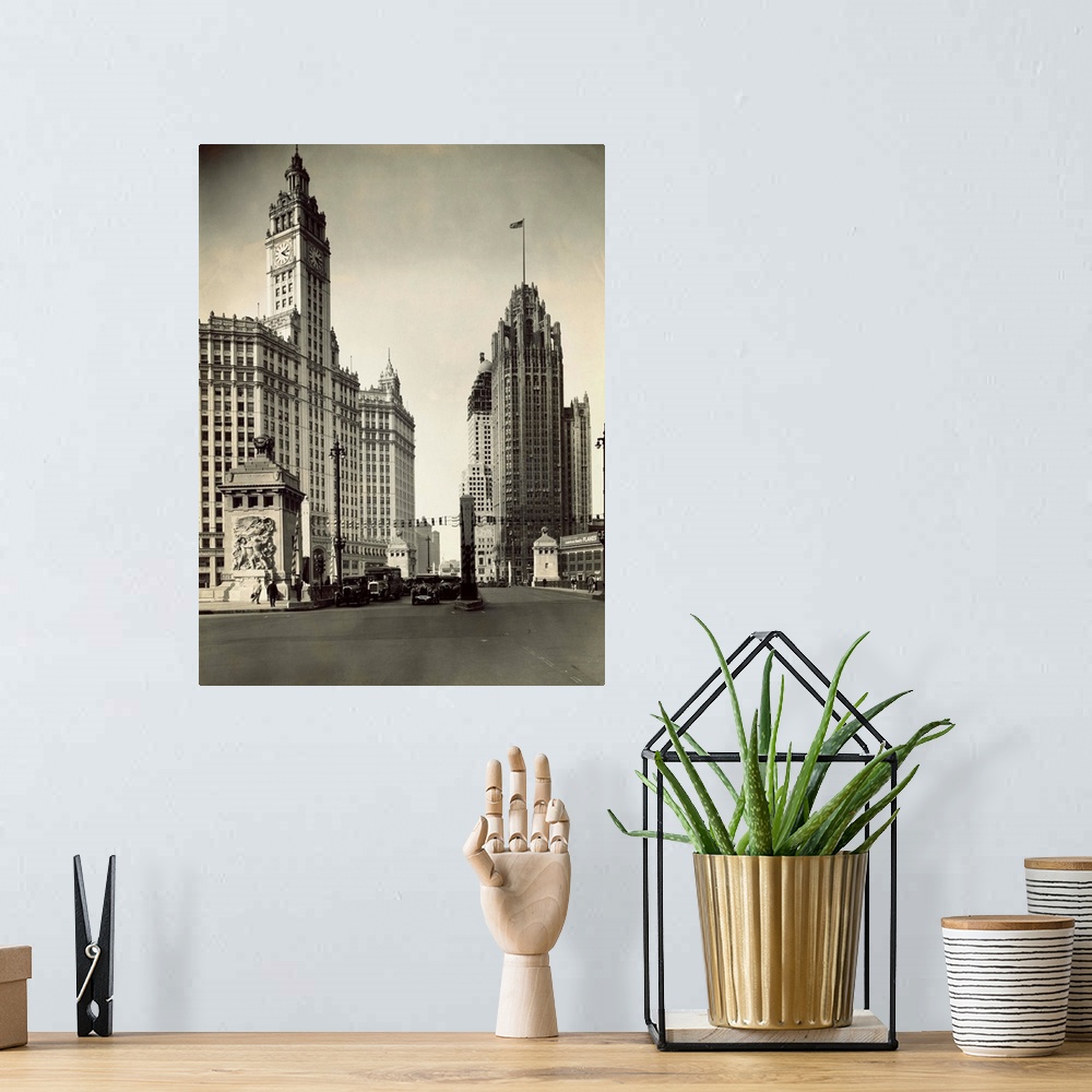 A bohemian room featuring Looking down Michigan Avenue- Wrigley Building on left, Medinah Temple and Tribune Tower on right...