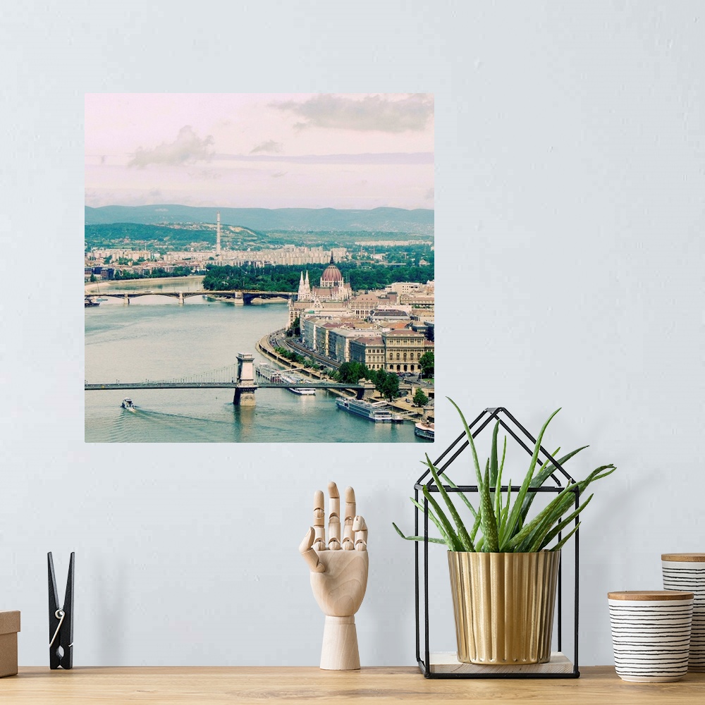 A bohemian room featuring View towards Hungarian Parliament on riverside of Danube.