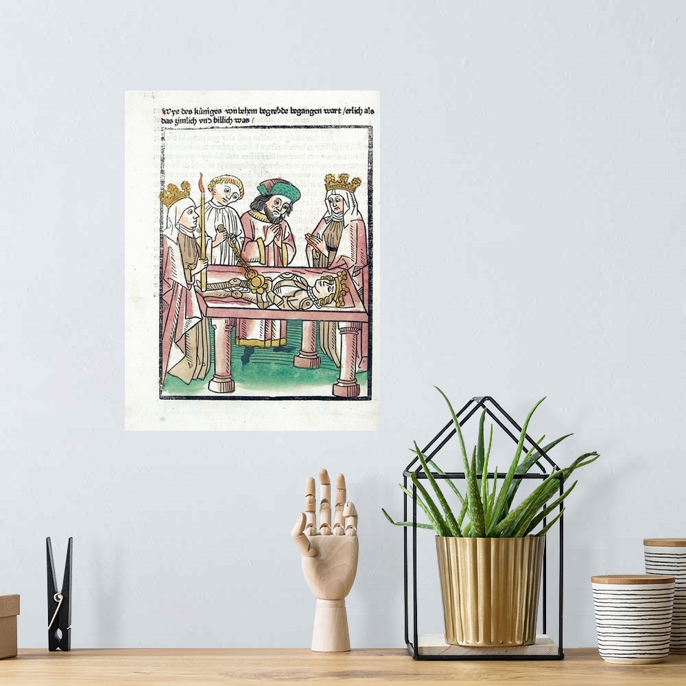 A bohemian room featuring Illustration of Queen Melusine and her court mourning the fallen king, from a German version of t...