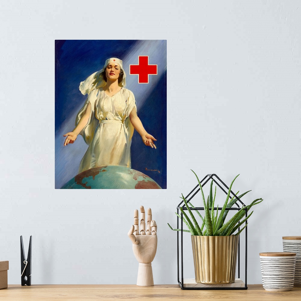 A bohemian room featuring Original oil painting for a WWII Red Cross poster with Red Cross nurse standing with open arms ov...