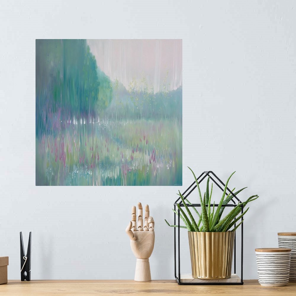 A bohemian room featuring Watercolor painting of a dream-like meadow in a forest in varies shades of green.