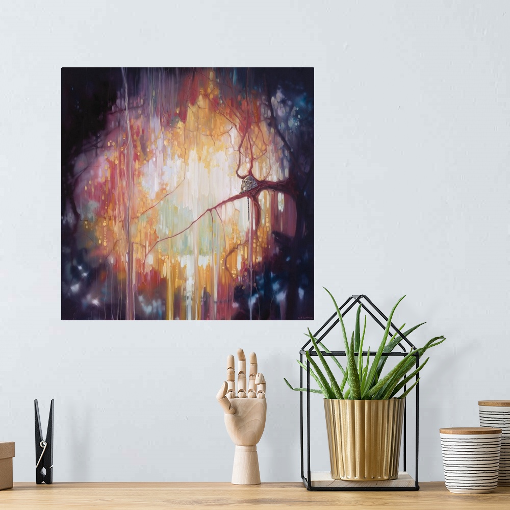 A bohemian room featuring Watercolor painting of a dream-like forest framed by darker trees.