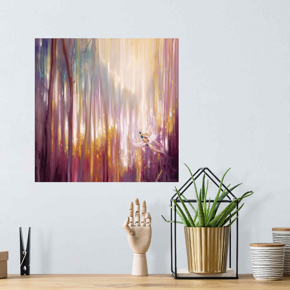 A bohemian room featuring Watercolor painting of a dream-like forest in varies warm shades.