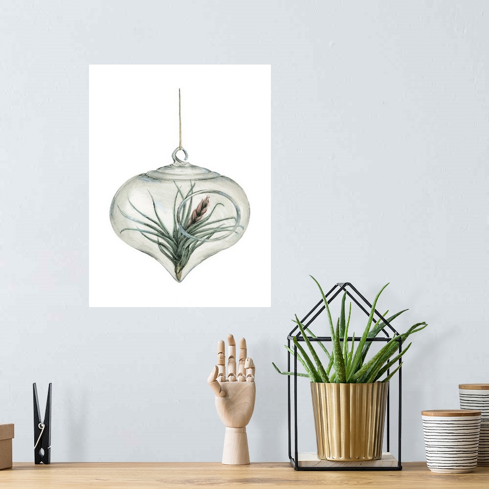 A bohemian room featuring Watercolor painting of an air plant in a glass hanger on a solid white background.