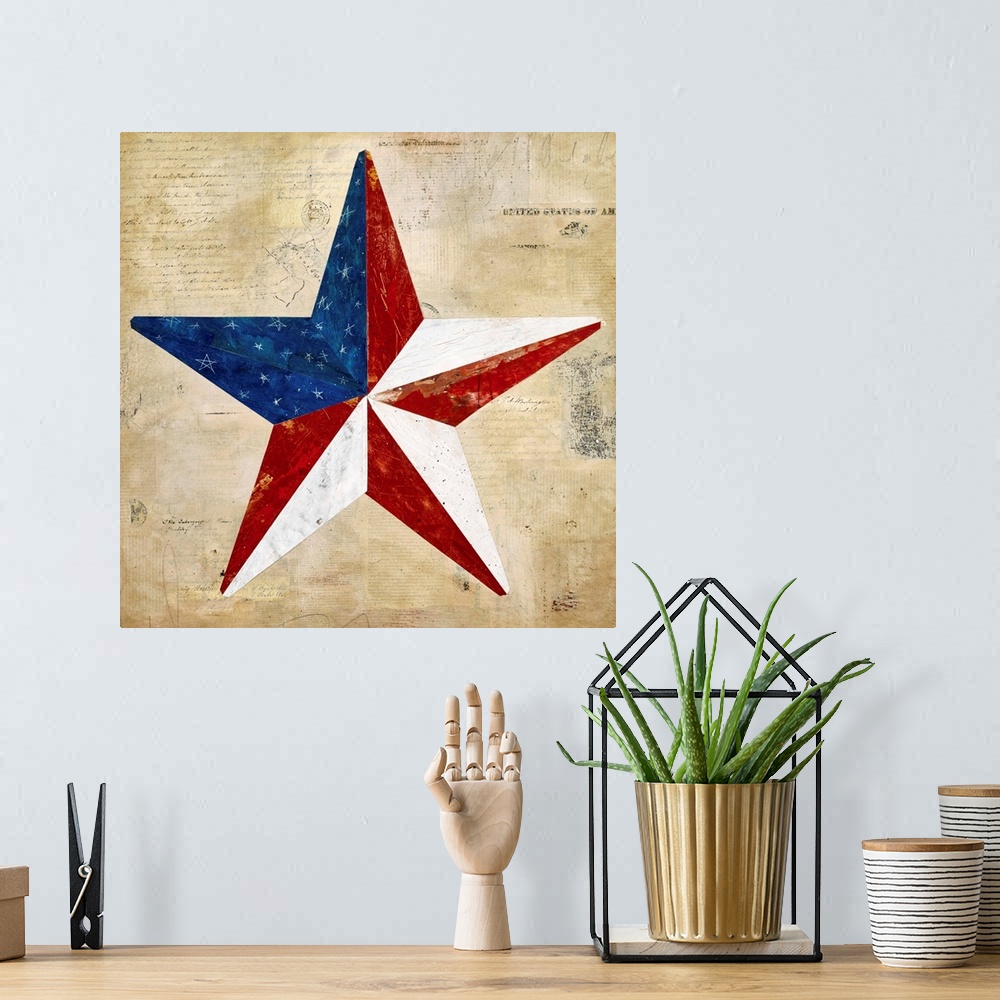 A bohemian room featuring Folk art painting of a star in red white and blue on an antique style background created with mix...