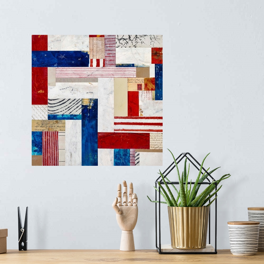 A bohemian room featuring Square folk art created with mixed media to resemble a red white and blue quilt pattern.