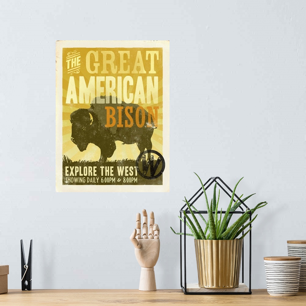 A bohemian room featuring Retro mid-century stylized travel poster artwork.