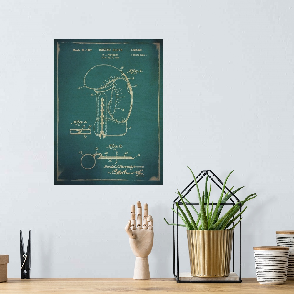 A bohemian room featuring Blueprint diagram depicting the parts of a boxing glove.